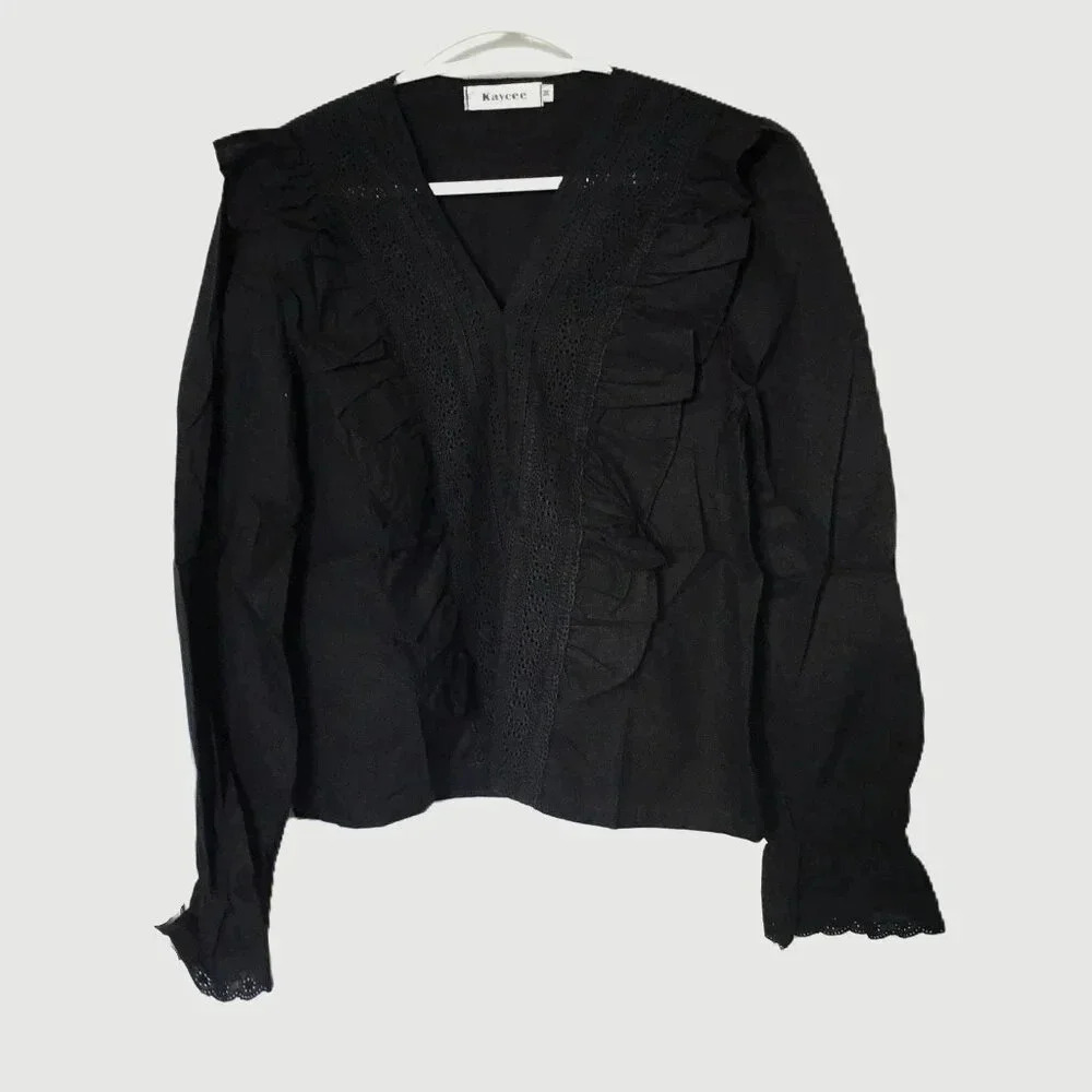 Ruffle Trim Crochet Insert Top Black | Long sleeves | 100% Cotton | US  6-8 (M)